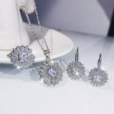 Wedding Bridal Necklace Temperament Earrings Zircon Accessories Jewelry Three-Piece Bracelet Group Set High-End Best-Selling