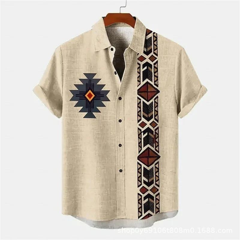 Mens Aztec Geometric Print Short Sleeve Shirt Linen Texture Turn Down Collar Casual Beach Button Up Top S