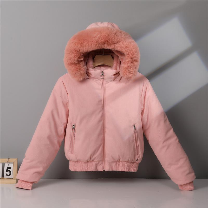 New Style Fur Collar Down Jacket for Women, Korean Style Short Plus Velvet Jacket, Winter Thickened Cotton Jacket for Little People