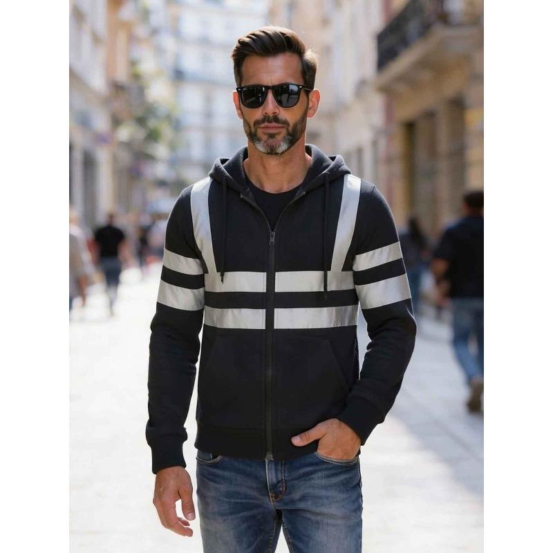 2026 Trending Men's Apparel: Everyday Outdoor, Hiking, Reflective Stripes, Zippered Hooded Top, Jacket, Men's