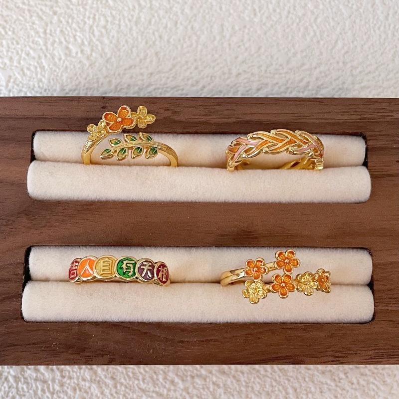 Golden Osmanthus Gradual Change Enamel Antique Open Ring Retro Floral Design Fashion Personality Trend Color Ring