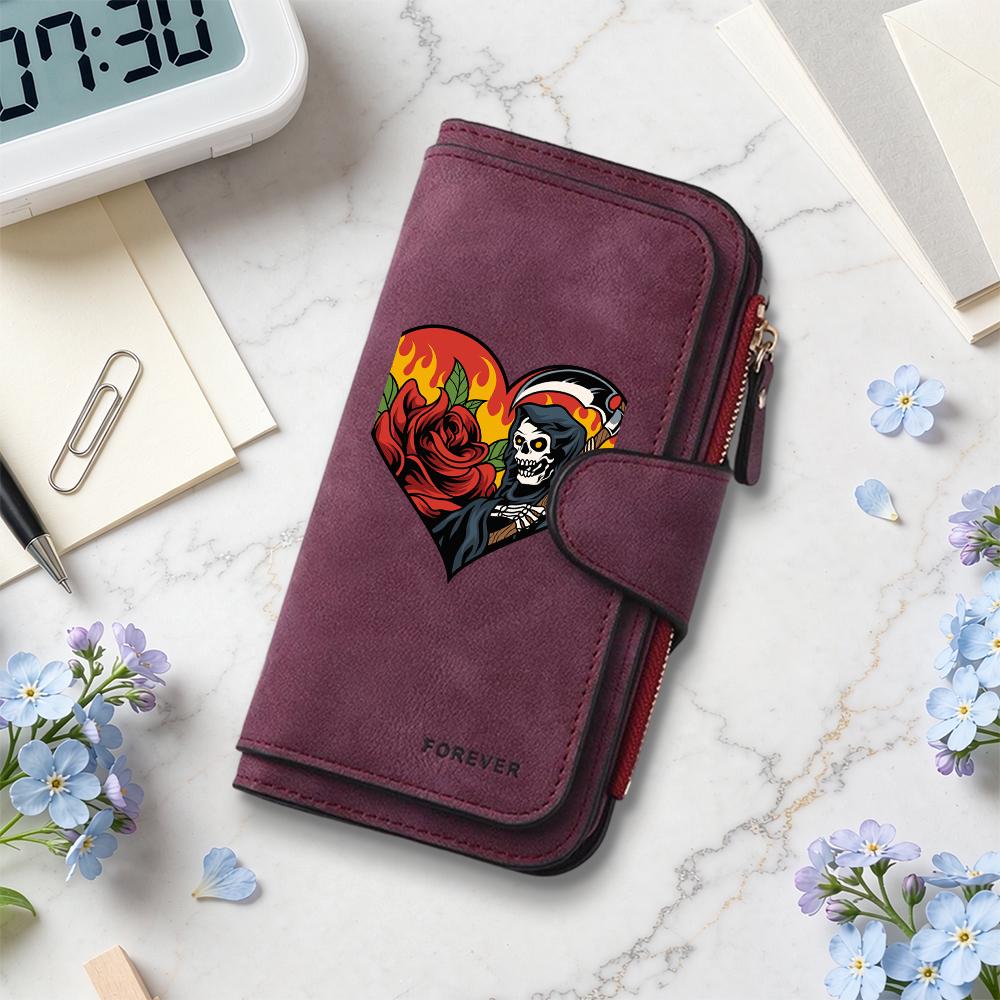 Gothic Grim Reaper Rose Pattern Long Wallet Forever Stylish Card Holder Purse