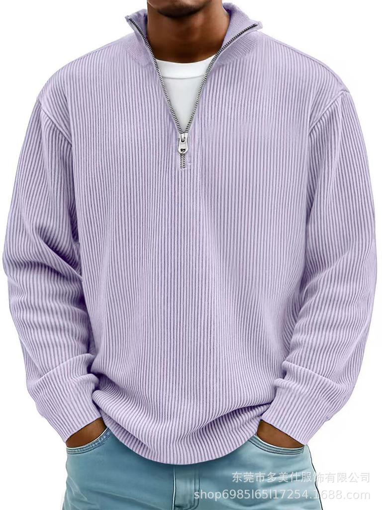 Men's Corduroy Long Sleeve Polo Sweatshirt Stand Collar Zip Neck Vintage Casual Top