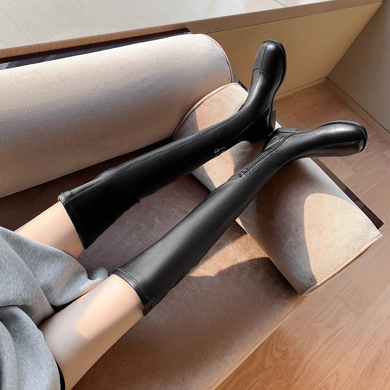 Krazing Pot Podzimní zimní boty z hovězí kůže Velikost 43 Silné nízké podpatky Stovepipe Strečové boty Dámské Teplé kozačky nad kolena