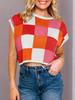 Women's Color Block Cropped Knit Top Cap Sleeve Crew Neck Summer Short Sweater