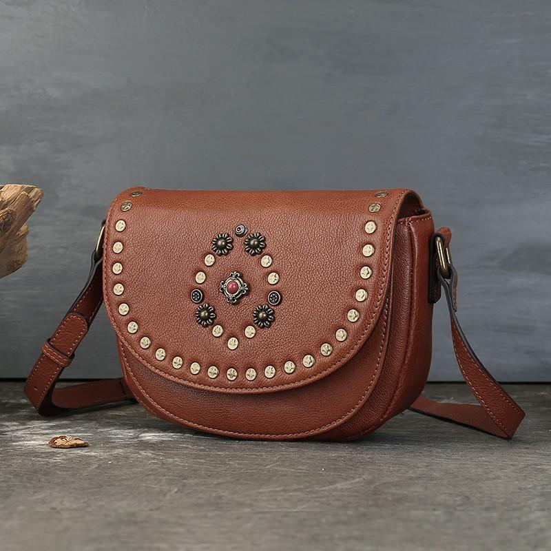 Johnature Genuine Leather Women's Saddle Bag Retro Handmade Rivet Shoulder & Crossbody Bags
