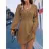 New V-neck beach dress, scale pattern three-dimensional crocheted A-shaped dress, long-sleeved dress.