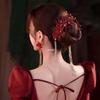 Wine Red Bridal Gown Earring Set with Rhinestone Tassel Headpiece, Flower Hair Clips, and Chinese Toasting Dress Accessories.