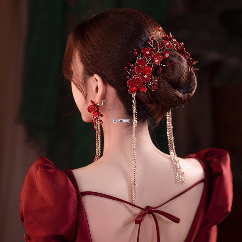 Wine Red Bridal Gown Earring Set with Rhinestone Tassel Headpiece, Flower Hair Clips, and Chinese Toasting Dress Accessories.