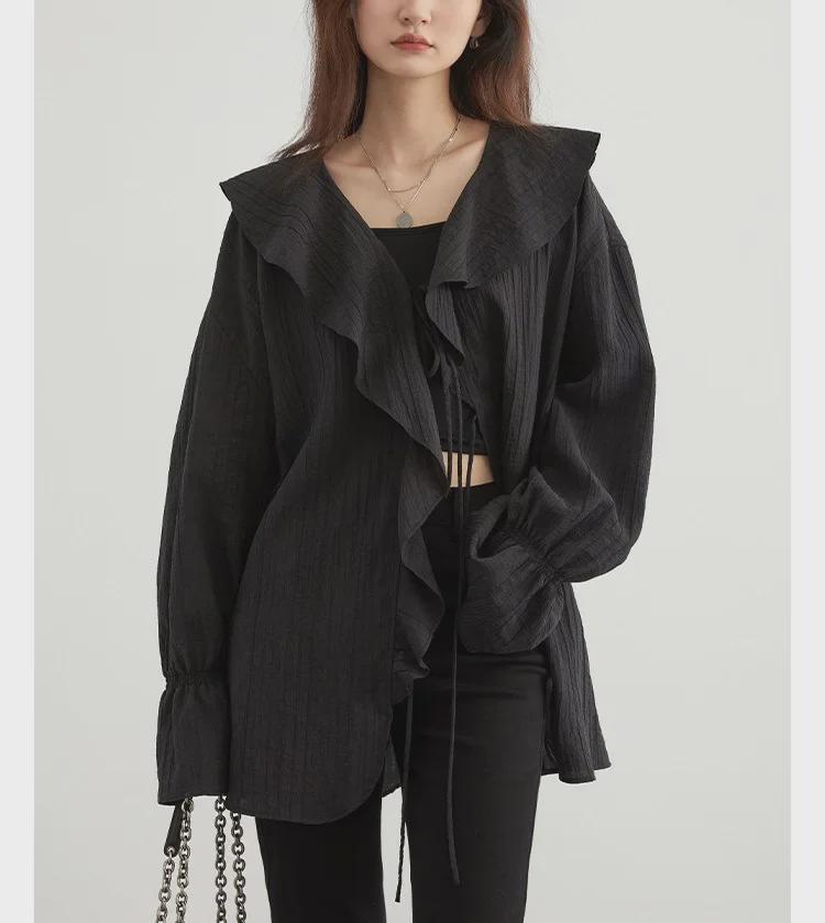 Visual Space Spring Tencel Ruffle Sleeve Lace-Up Mid-Length Shirt