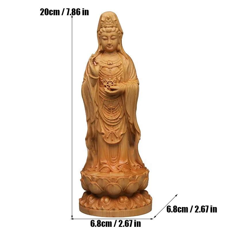 wood carving Nanhai Guanyin sculptures and figurines Chinese Buddha statues Home Room Office Wealth Luck Feng Shui Decor 7.86 in
