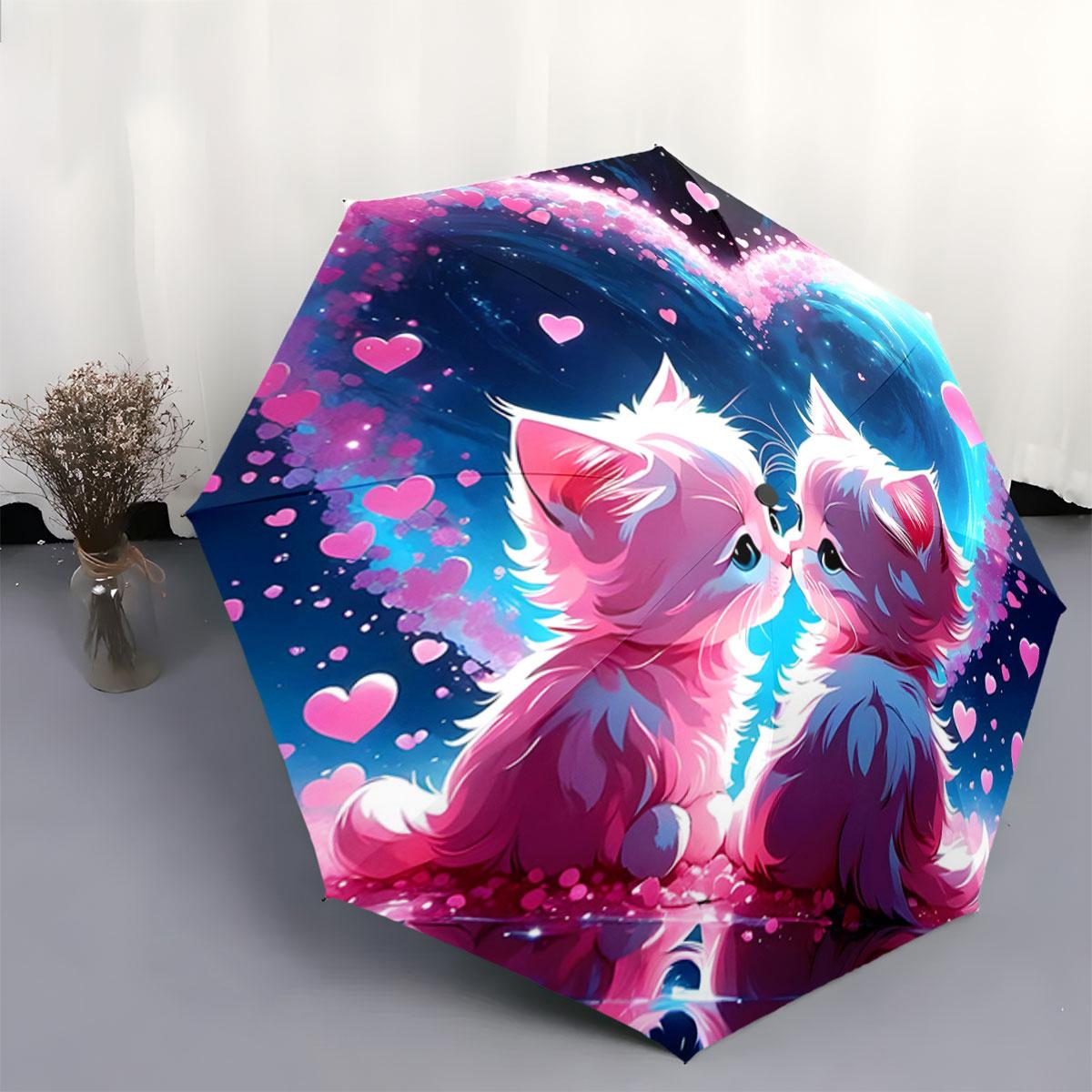 

Automatic Folding Umbrella Two kittens surrounded by hearts. Portable collapsible design, casual outdoor accessory, for all s