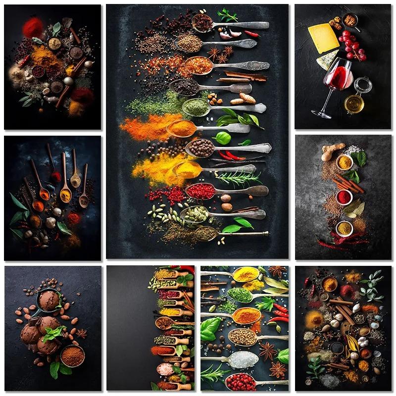 Modern Cooking Herbs Spices Sushi Utensils Spoon Wall Art Picture Canvas Painting Luxury Artwork Poster Print Home Kitchen Decor