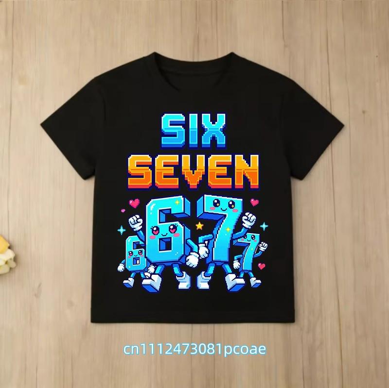 summer short sleeve, cartoon print 2026 personalized digital 67 T-shirt for boys and girls, family style, casual top