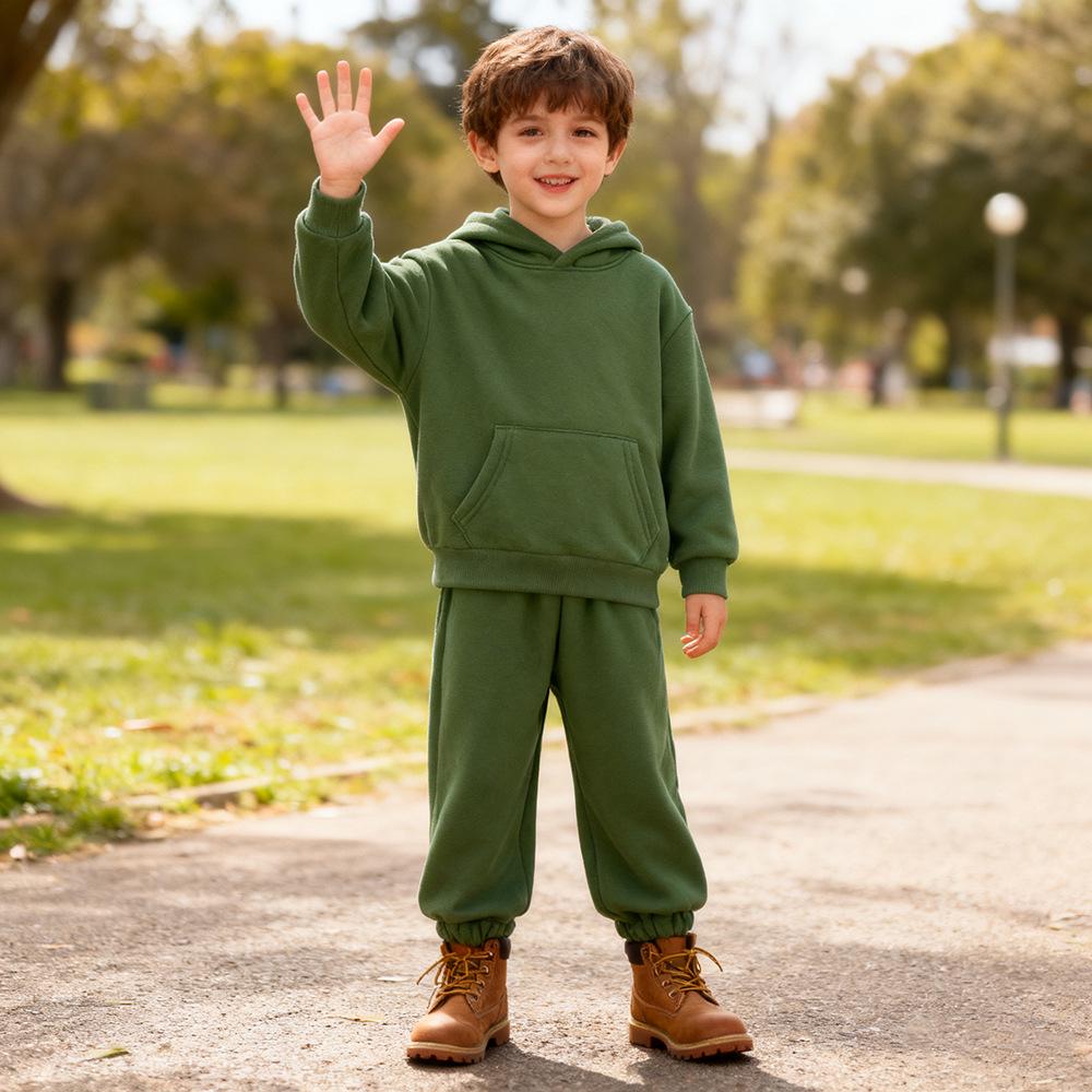 2026 Autumn/Winter European & American Boys' Solid Color Jacket Plus Velvet Hoodie & Long Pants Set (Middle & Big Kids)
