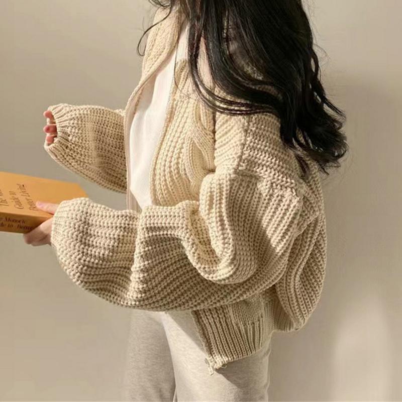 Women Zipper Rib Loose Cardigan Coat Lantern Sleeve Knit Warm Sweater Coat Solid Casual Office Jacket Women Fall Winter