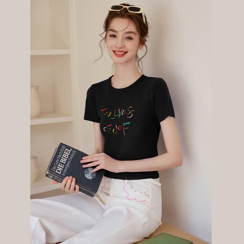 Women's Embroidered Slim Fit Short Sleeve Knit Top
