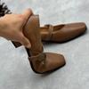 Johnature Echtes Leder Dicke Absätze Retro Damen Pumps Retro Eckige Zehenpartie Mary Jane Absatzschuhe