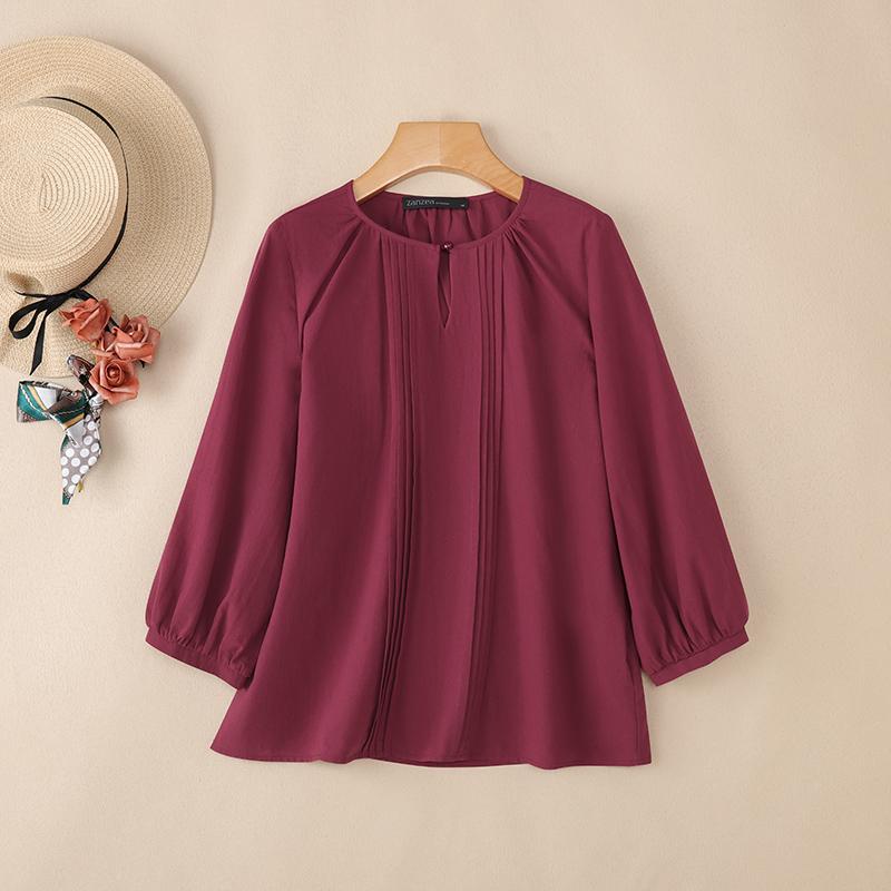 ZANZEA Women Casual Round Neck 3/4 Sleeve Loose Cotton Blouse