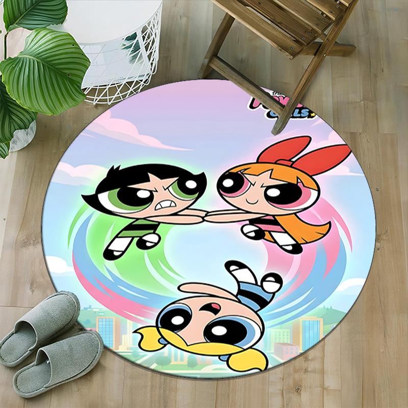 1pc Powerpuff6 Carpet, Round Rug, Comfortable, Suitable for Entryways, Living Rooms, Office, And Bedrooms, Christmas Decoration