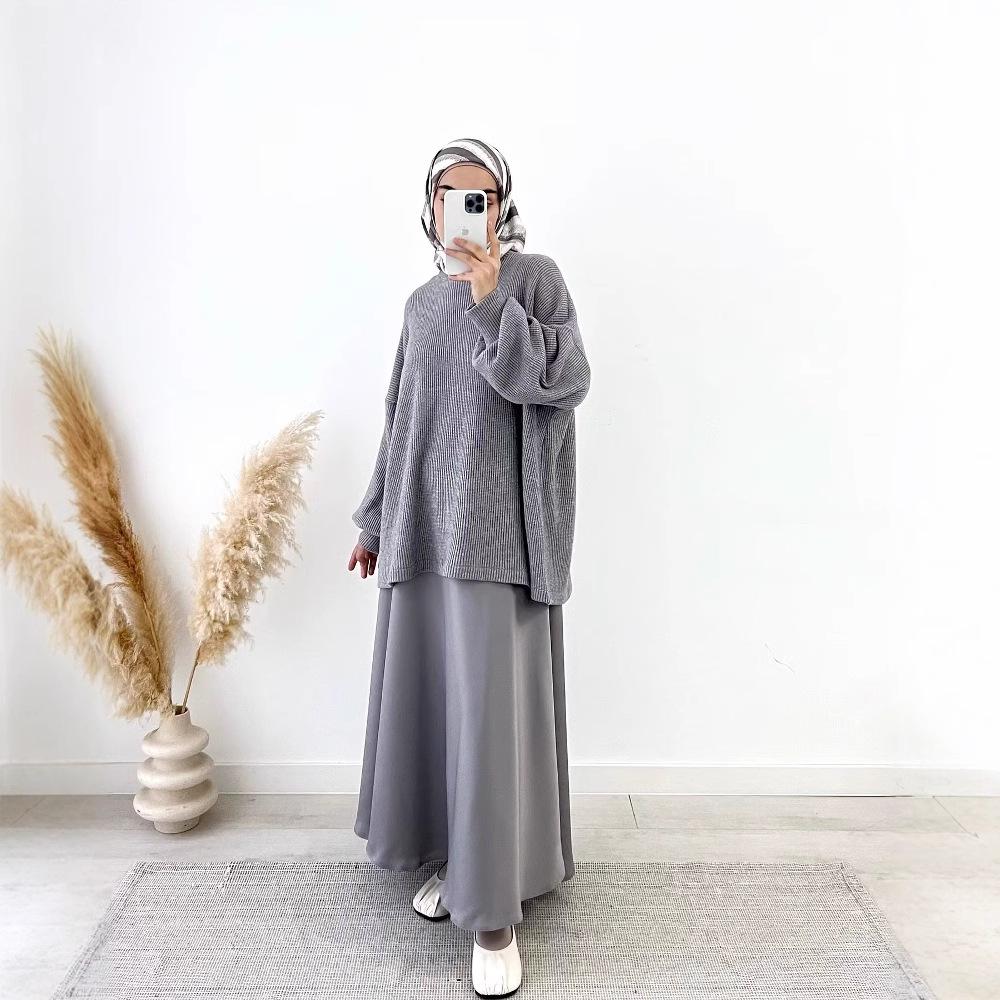 2025 Middle Eastern Muslim Women's Grey Knit Pullover & Swing Midi Skirt Set