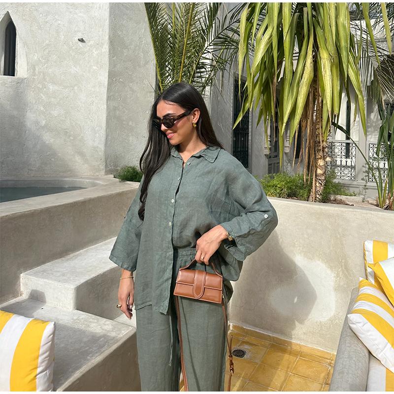 Women's Suit Solid Color Cotton Linen Two Piece Set Spring Summer Fashion Button Shirt + Pants Sets Casual Loose Style 2 Piece Outfit
