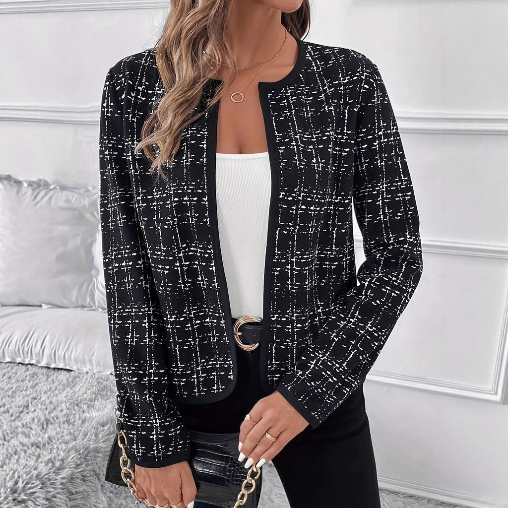 Women's Long Sleeve Cardigan Round Neck Elegant Tweed Jacket Houndstooth Pattern Casual Outerwear Fall Coat