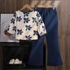 Girls' Fashionable Blue Set: Spring/Summer Children's Elegant V-Neck Top and Wide-Leg Pants Two-Piece Set