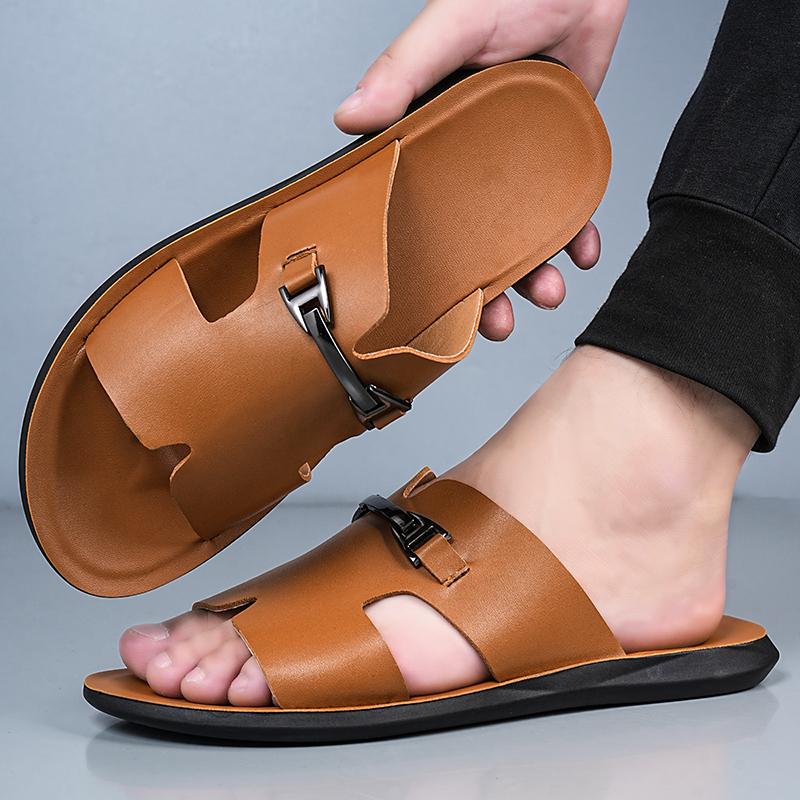 Herren Schwarz Leder Pantoffeln Flach Sommer Braun Sandalen Outdoor Weiß Breite Spitze Strandschuhe für Vater Übergröße 46 47 48