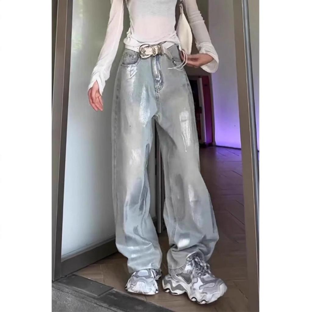 Silver Washed Retro Wide-Leg Jeans - Women's High Street Trend