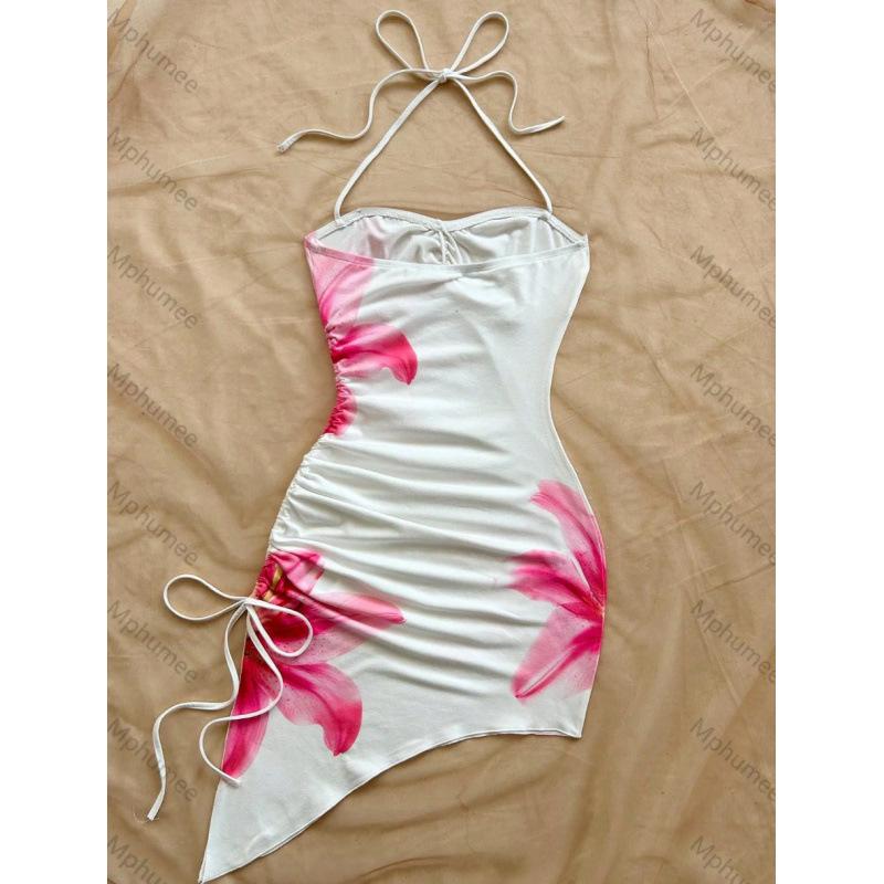 2026 summer new suspender dress women s neck print drawstring pleated irregular short skirt Spice girl vacation dress S