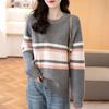 Round-neck Color-blocking Sweater Loose Large-sized Casual Pullover for Women Fashionable Striped Long-sleeved Knitted Sweater for Autumn and Winter