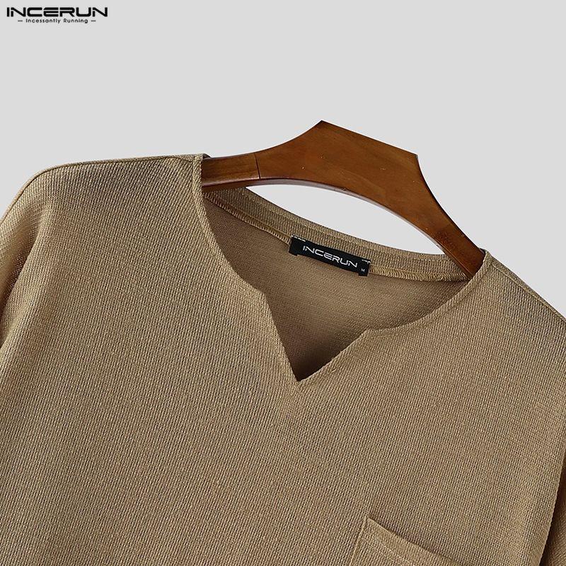 INCERUN Oversized Autumn Spring Men Casual Long Sleeve Texture T-shirts Tops