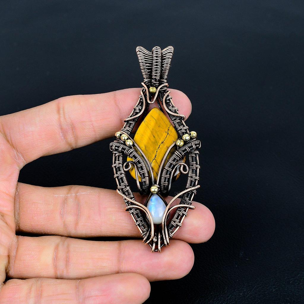 Tiger 's Eye & Moonstone 999 Copper Wire Wrapped Pendant, Handmade Gemstone Tree Of Life Pendant Jewelry, Gifts For Wife Brand New Pendant