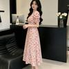 Temperament sweet bubble sleeve V-neck floral dress women's summer long dress high waist mother dress slim A-shaped dress
