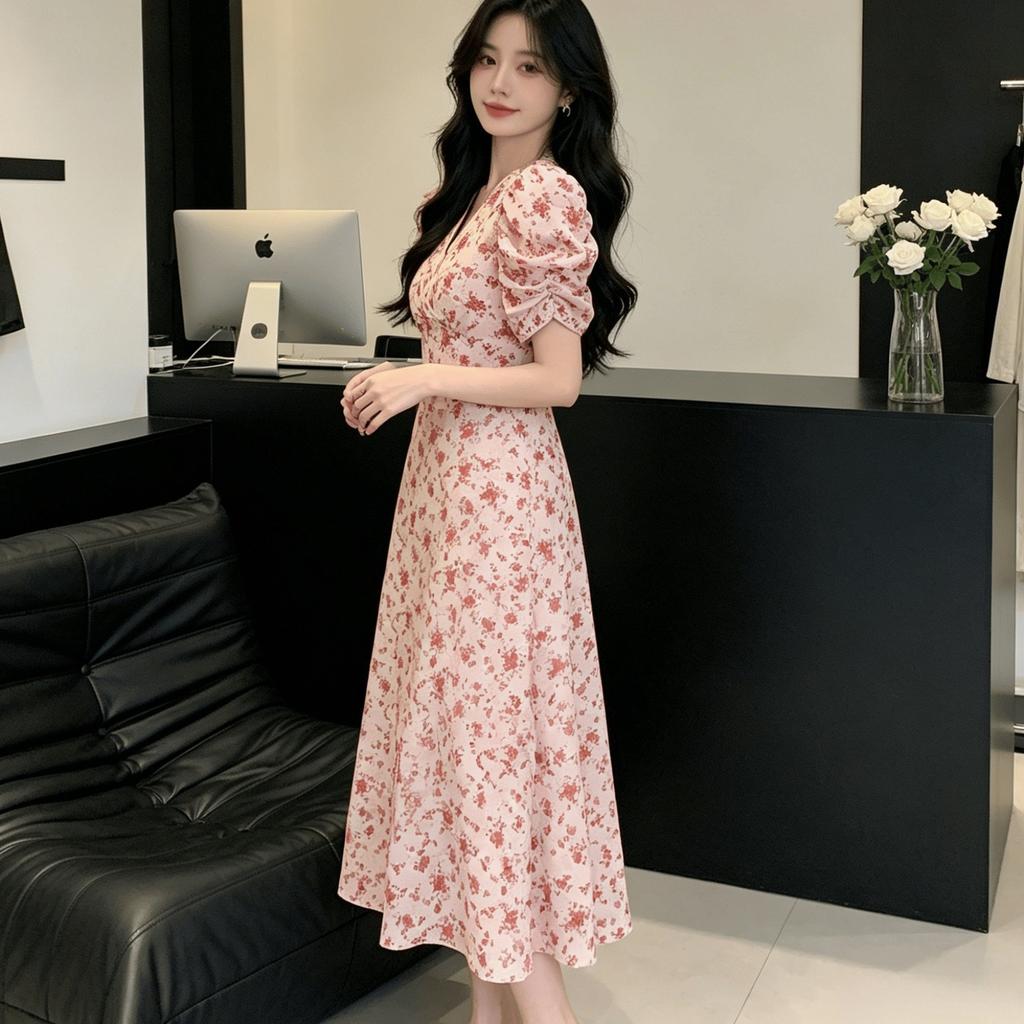 Temperament sweet bubble sleeve V-neck floral dress women's summer long dress high waist mother dress slim A-shaped dress