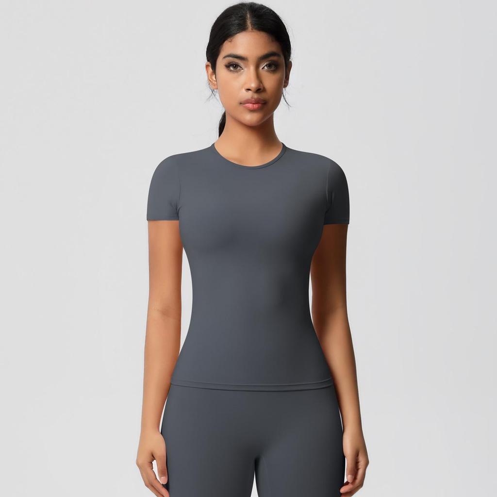 Gebürstetes Nude Slim-Fit Rundhals Yoga-Top - Kurzärmlig, Atmungsaktiv, Vielseitige Sportbekleidung