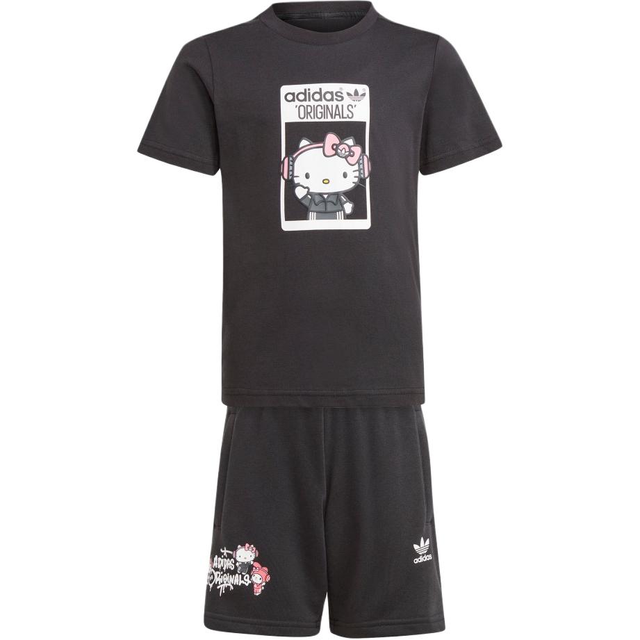 Adidas Originals X Hello Kitty Potisk písmen Kreslený Anime vzor Kulatý výstřih Krátký rukáv Tričko Pletené šortky Ležérní Sportovní sada Dětské sady Černá IR9753