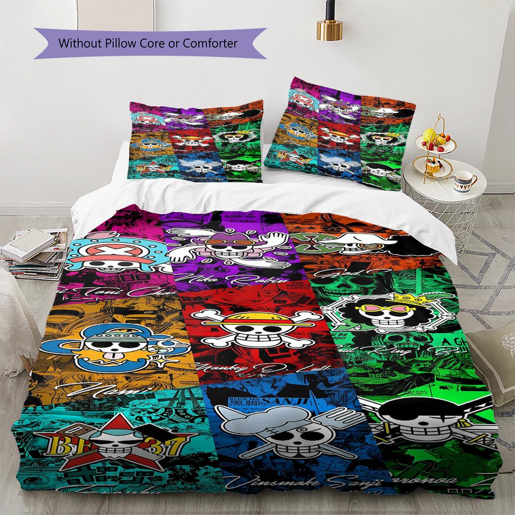 Pirate Anime Pattern Bedding Quilt Set Quilt Cover Pillowcase Home Decoration Gift (1 * duvet cover + 2 * pillowcase, without core)