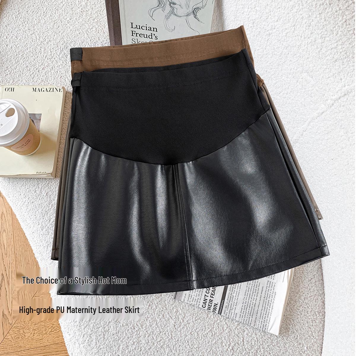 

2025 Autumn/Winter Trendy Maternity PU Leather A-Line Skirt with Belly Support L кавовий/коричневий