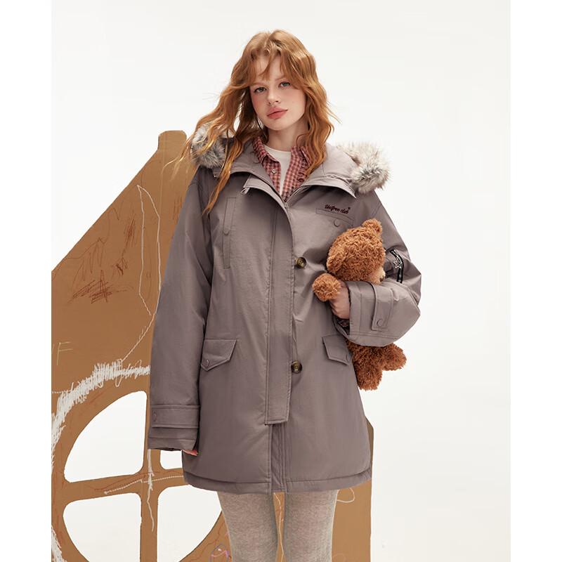 UNIFREE Retro Loose Hooded Down Jacket with Fur Collar