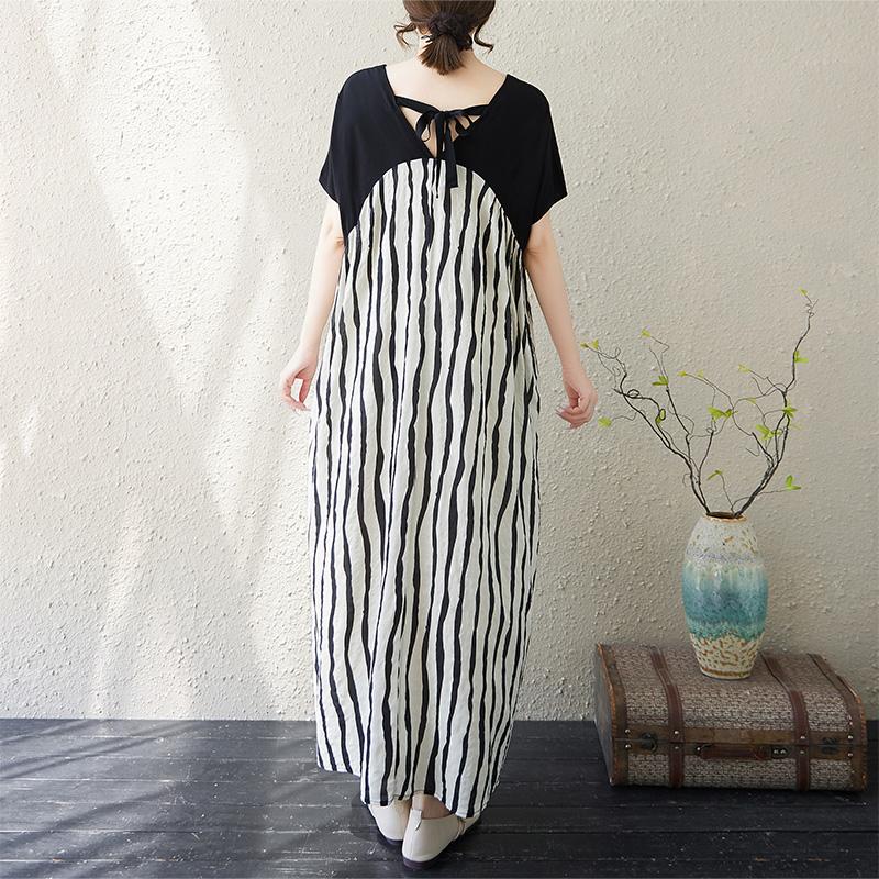 DIMANAF New 2025 Plus Size Summer Dress Loose Women V-Neck Vintage Stripe Casual Short Sleeve Dress Maxi