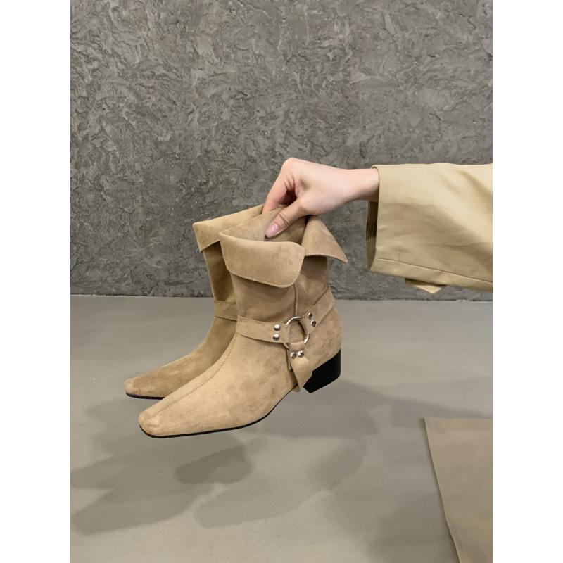 

Korean version of small square head metal buckle thick heel short boots women s versatile fashion suede western boots medium boots short boots 39 темно-коричневого кольору