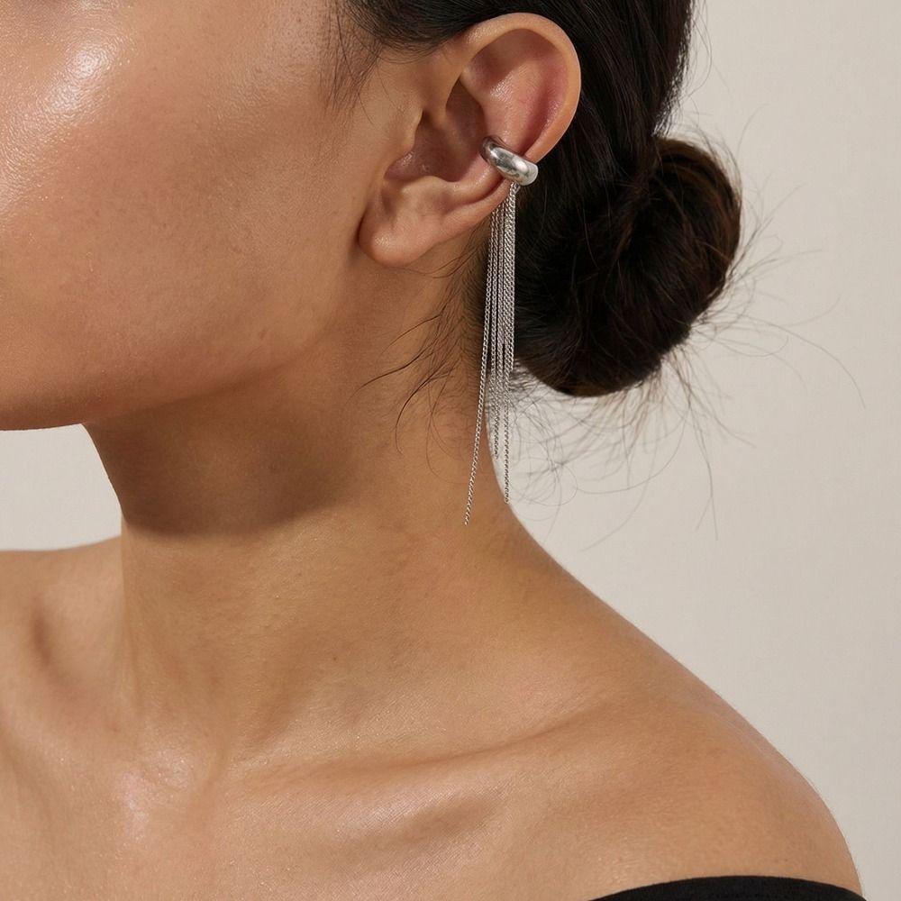 18K Gold C-shaped Ear Clip Stainless Steel Tassel Earrings Punk Gold Jewelry Travel