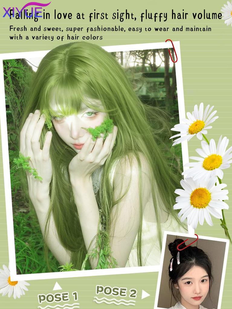 XIYUE Cosplay-Perücke mit Pony Synthetisches glattes Haar 20 Zoll lang Hitzebeständig Fruchtgrüne Perücke für Damen