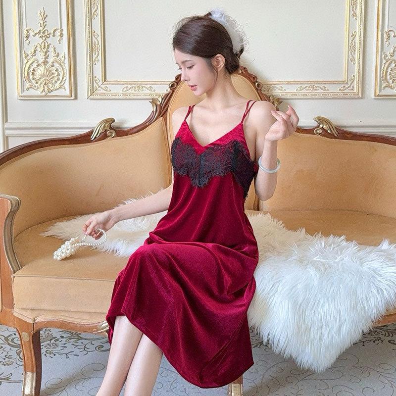 

Silkworm Weiss Golden Velvet Nightdress High Luxury French Extended Autumn and Winter Long Sleeve Chest Pad Two-piece Set Sexy Pajamas Women XL червоний