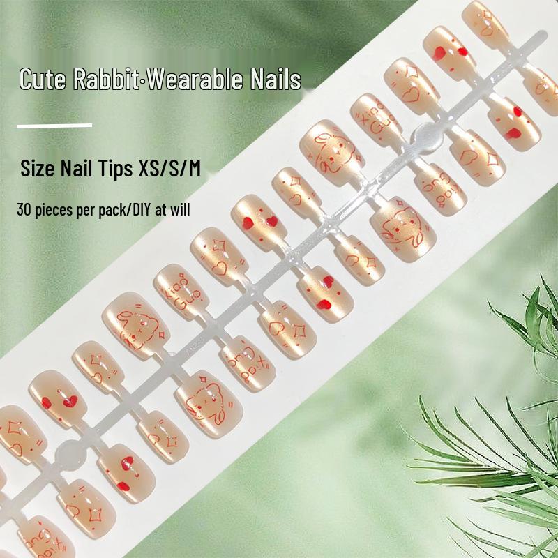 

Childlike Cute Bunny & Cat Press-On Nails: Cartoon Hearts & Stars, Short Ladder Manicure Set [30 Pcs]