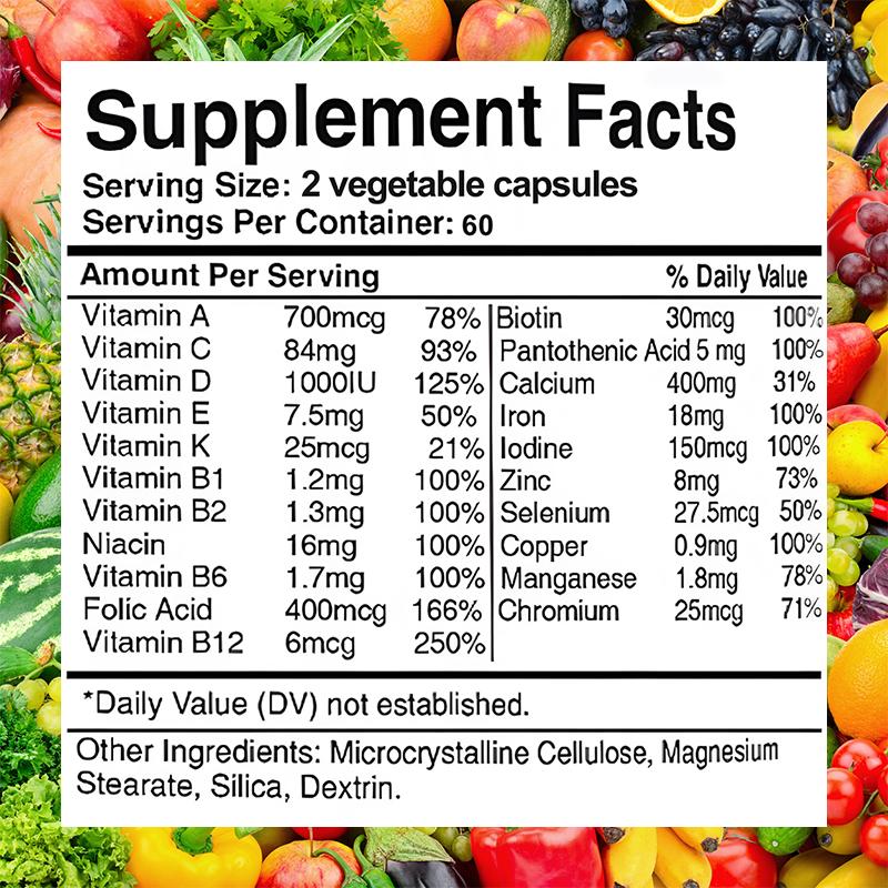 Vitamin A, Vitamin C, Vitamin D, Vitamin E, Vitamin K, Kalzium, Eisen, Jod, 120 Kapseln Nahrungsergänzungsmittel