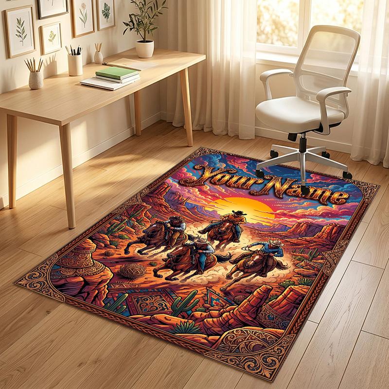 Western Sunset Theme Soft Crystal Velvet Rug Custom Name & Text Print Non Slip Floor Rug for Bedroom Living Room