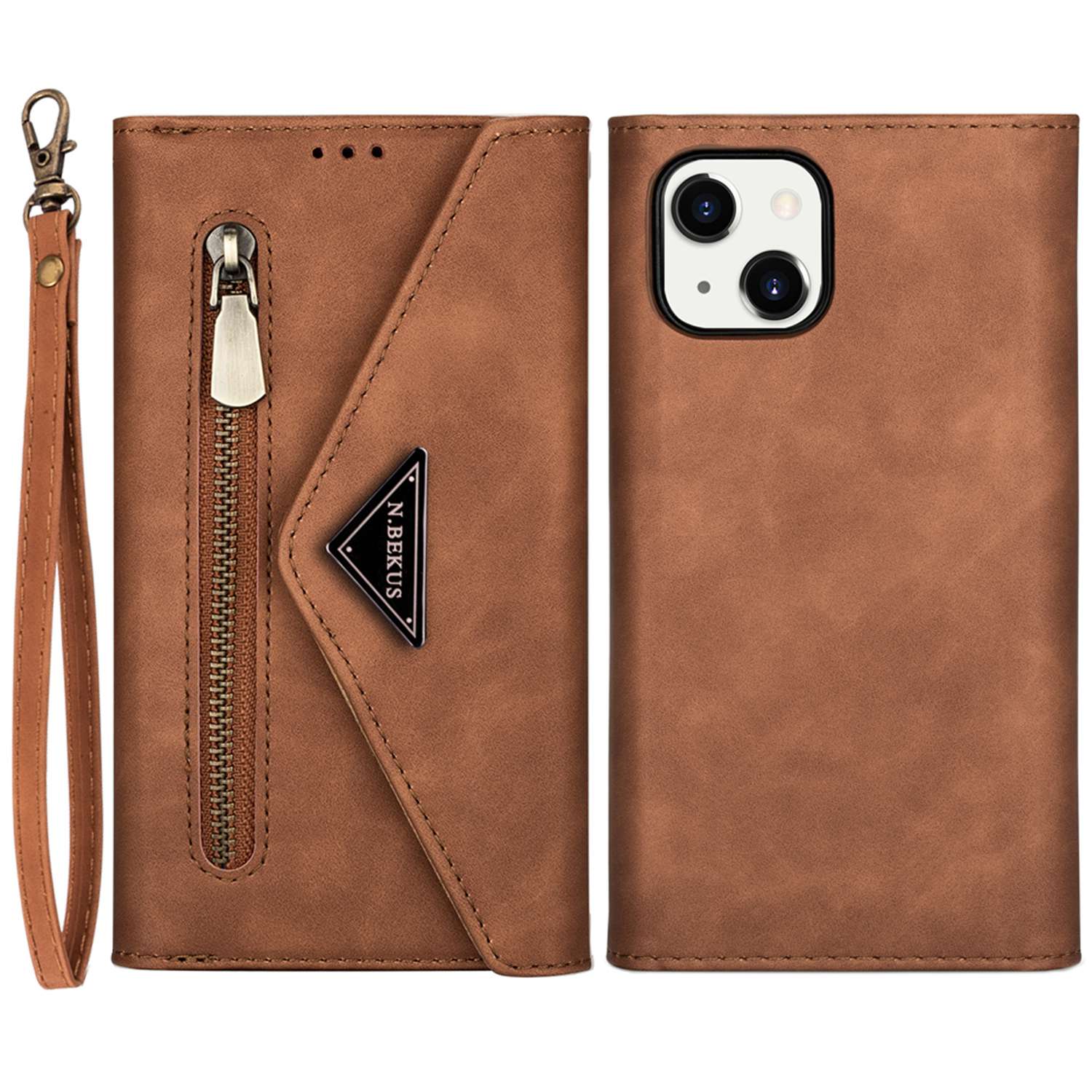 

N.BEKUS Для iPhone 15 Кожаный кошелек-чехол с карманом на молнии, подставка для телефона, чехол с коротким и длинным ремешком Brown